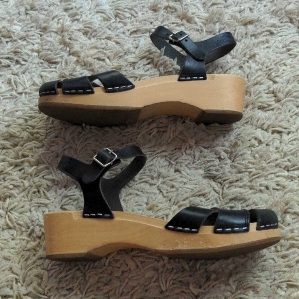 Swedish Hasbeens Black Leather Peep-Toe Slingback Cork Sandals - Picture 6 of 14